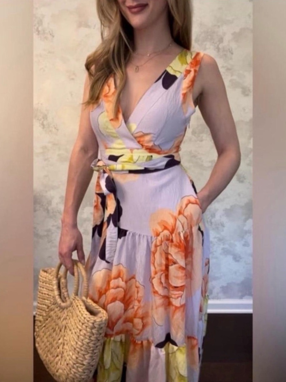 Maeve by Anthropologie Lavender Floral Wrap Maxi Dress with yellow, orange